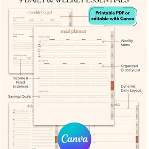 May include: The Ultimate Creator Planner: 9 Daily & Weekly Essentials features multiple digital planner pages including a monthly budget, meal planner, and daily layout. The pages include sections for income, expenses, grocery lists, and weekly menus, with a Canva logo.