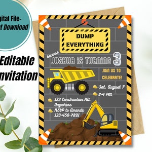 Editable Kids Construction Birthday Invitation, Work zone invite template, construction party, excavator, bulldozer, dumptruck toddler bday