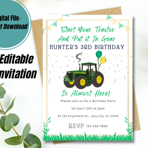 Editable Kids Tractor Birthday Invitation, Green Tractor Invite Template, Printable Invite for Birthday Party, Farm Birthday, Country Party