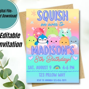 Puede incluir: Una invitación colorida para una fiesta de cumpleaños de un niño de 8 años. La invitación presenta un fondo de arcoíris con el texto "SQUISH on over to MADISON'S 8th Birthday!" y una variedad de personajes de dibujos animados lindos. La invitación también incluye la fecha, la hora y la ubicación de la fiesta.