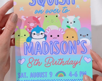 Invitación de cumpleaños de Squishmallow, fiesta de peluches, plantilla editable (descarga digital)