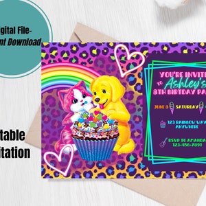 Invito di compleanno con stampa animalier per bambini modificabile, invito a una festa per ragazze al neon, modello Frank stampabile ispirato agli anni &#39;90, compleanno di Rainbow Hearts