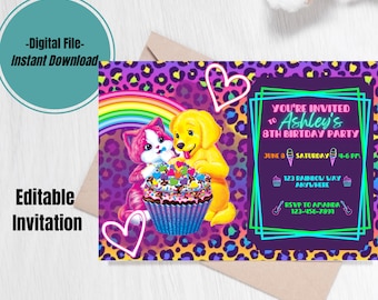 Editable Kids Animal Print Birthday Invitation, Neon girl party invitation, 90's inspired, printable Frank template, Rainbow Hearts birthday