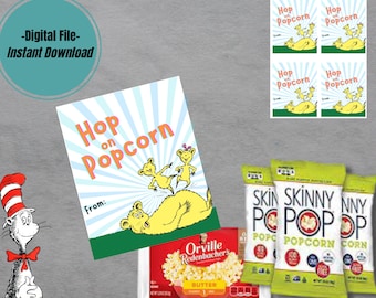 Etiqueta de palomitas de maíz del Dr. Seuss, regalo de lectura por todo Estados Unidos (descarga digital)
