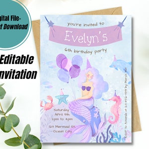 Convite de aniversário infantil sereia editável, aniversário de meninas para download, festa sob o mar, cartão de princesa imprimível, festa de natação