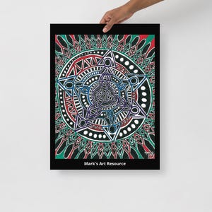 May include: A framed art print with a detailed mandala design. The artwork displays a central geometric pattern in blue, purple, and white, with red, green, and black accents. The text "Mark's Art Resource" is at the bottom of the print.