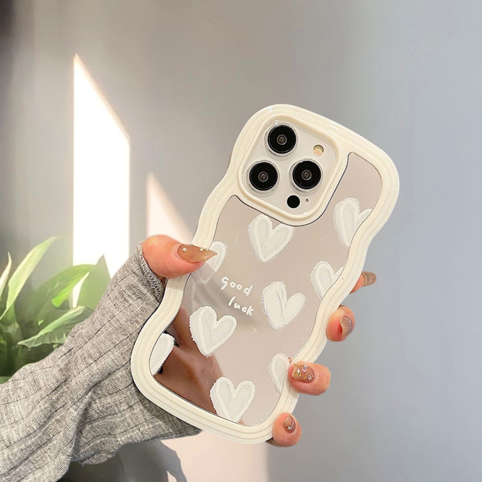 Korean White Heart Makeup Mirror Cute Phone Cases For iPhone 14 Pro Max 13  11 12 14 Plus XS X XR