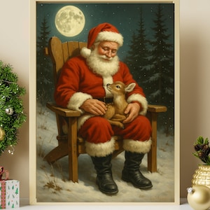 Impresión vintage de Papá Noel y cervatillo reno, decoración de pared para el país de las maravillas invernal, arte rústico de granja, arte de pared de cabaña, Navidad