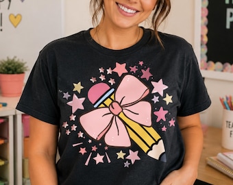 Pink Bow Pencil PNG | Coquette Teacher Png | Cute Teacher Sublimation Design | Back to School PNG | Teacher Shirt PNG | Instant Download
