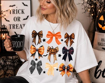 Laços Coquette de Halloween PNG, Abóbora de Outono PNG DTF/G Outono PNG Outono PNG, Abóboras de Halloween PNG Design de Sublimação Camiseta com Laço da Moda PNG
