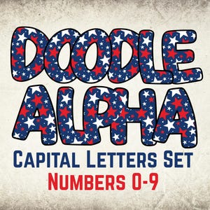 Conjunto de alfabeto doodle PNG con estrellas rojas, blancas y azules, diseño de sublimación del 4 de julio, letras mayúsculas, números y fuentes doodle.