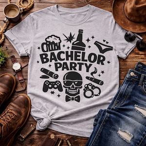 May include: A light gray t-shirt with a black graphic design that says "BACHELOR PARTY". The design includes a skull wearing sunglasses and a bow tie, beer mug, bottle, and other party-themed icons. The shirt is knotted at the waist.