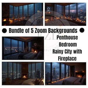 May include: A bundle of five Zoom backgrounds featuring penthouse bedrooms with rainy city views and fireplaces. The images showcase large windows overlooking cityscapes with rain, lightning, and lit candles, creating a cozy atmosphere.