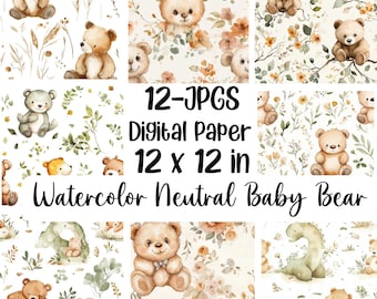 Watercolor Neutral Newborn Paper Set/12 Boho Baby Bear Pages, Gender Neutral Background Boho Baby Scenes Watercolor Teddy Bear JPG Printable