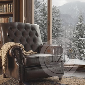 May include: A dark brown leather armchair with button detailing and scrolled arms. A beige knitted throw is draped over the arm. A window shows a snowy mountain scene and a bookcase.