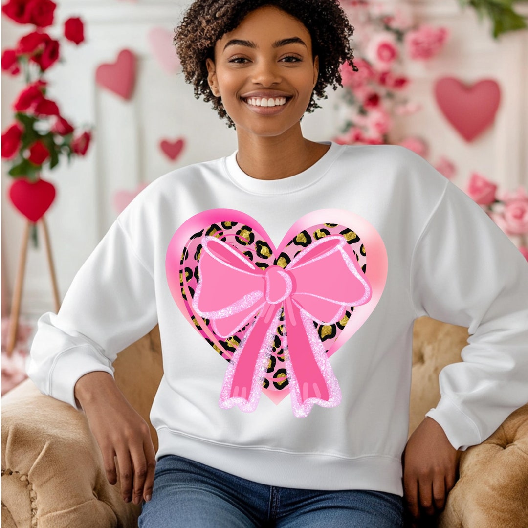 Valentines Day Heart Coquette Bow Png Leopard Print Heart DTF Pink ...