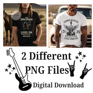 Può includere: Due magliette con grafiche e la scritta "The Spaceman Lives On" e "Legends Never Die". Sotto le magliette c'è la scritta "2 Different PNG Files Digital Download". L'immagine include anche un'illustrazione di chitarra in bianco e nero e gesti della mano rock.