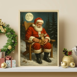 Vintage Santa Claus and Reindeer Baby Fawn Print Holiday, Winter Wonderland Wall Decor, Rustic Farmhouse Art, Cottage Wall Art, Christmas
