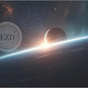 May include: Digital art print of a celestial scene featuring a planet with rings, a rising sun, and a starry sky. The image has a blue and orange color scheme. The print includes the text "EZD PRINTABLE SHOP" in a circular logo.