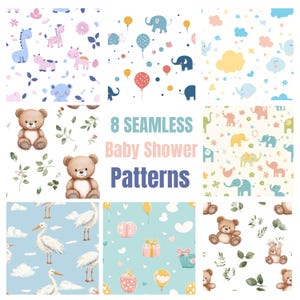 Baby Shower 8 Seamless Patterns, Instant Download, Digital Paper, Scrapbooking Paper, Baby Shower Paper, Dinosaurs, Boho, Cute, Unisex Gift