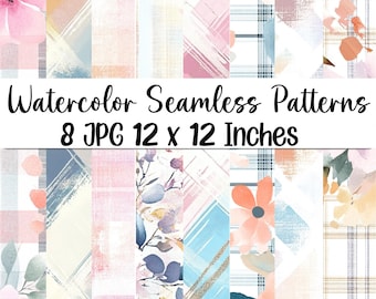 Watercolor Grandmillennial Seamless Patterns, Set of 8 Digital Repeating Patterns Scrapbook Paper, Floral Pattern, Pink Plaid Vintage Floral