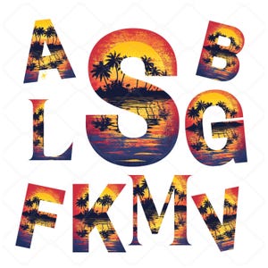 Può includere: Un set di lettere dell'alfabeto con un design di tramonto e palme. Le lettere sono A, B, L, S, G, F, K, M e V.