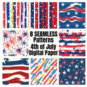 Papeles digitales del 4 de julio, 8 patrones PNG, papel imprimible, sin costuras, Día de la Independencia, EE. UU., estrellas, Sawgrass, sublimación, scrapbooking patriótico