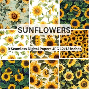 Sunflower Digital Paper, 9 Seamless Pattern Sunflower, Instant Download, Commercial Use, Scrapbooking Paper, Floral Paper, 12x12 JPG Files
