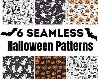 May include: Six seamless Halloween patterns featuring various designs including black and white haunted trees, ghosts, bats, orange jack-o'-lanterns, and skulls. The text 6 SEAMLESS Halloween Patterns is displayed in the centre with bat silhouettes.