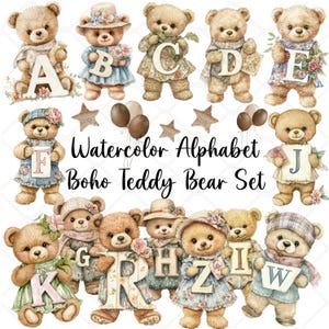 Conjunto de alfabeto de urso de pelúcia boho, 26 letras PNG, decoração de berçário, Beatrix Potter, clipart de aquarela, scrapbooking de letras de urso, educação infantil
