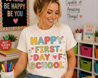 Feliz primer día de clases PNG / Diseño de camiseta de regreso a clases / Sublimación para profesores PNG / Camiseta del primer día de clases / Descarga instantánea DTF