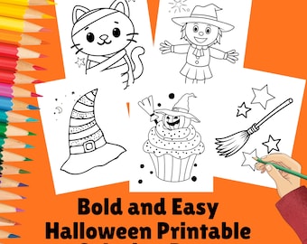 May include: A collection of Halloween-themed coloring pages featuring a mummy cat, scarecrow, witch's hat, cupcake with a jack-o'-lantern face, broom, and stars. The text "Bold and Easy Halloween Printable Coloring Pages" is displayed on an orange background.