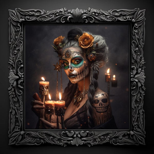 Sugar Skull Canvas-Día de los Muertos-Gothic Fantasy Wall Designs-Day Of The Dead-Canvas Art Prints-Unique Dark Academia-Lady of the Dead