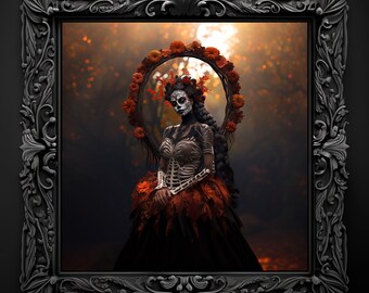 Day Of The Dead Sugar Skull-Unique Gothic Fantasy Wall Art-Custom AI Printed Canvas-Witchy Dark Academia Print-Abstract Digital Oil Painting