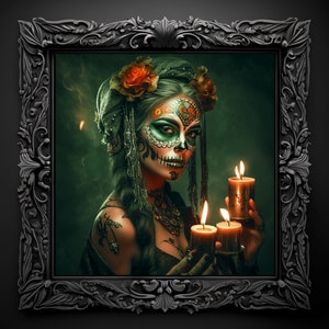 Day Of The Dead Sugar Skull Canvas-Día de los Muertos-Gothic Fantasy Wall Designs-Custom AI Prints-Unique Dark Academia Art-Moody Home Decor