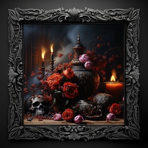 Vanitas-Stillleben-Digitales Ölgemälde-Dark Academia-Moody Home Wall Decor-Cottagecore Botanicals-Floral FantasyArt-Gothic Stretched Canvas