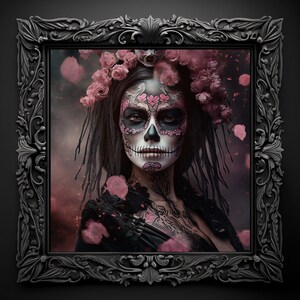 Lienzo de calavera de azúcar del Día de los Muertos-Día de los Muertos-Diseños de pared de fantasía gótica-Impresiones AI personalizadas-Arte académico oscuro único-Decoración del hogar Moody