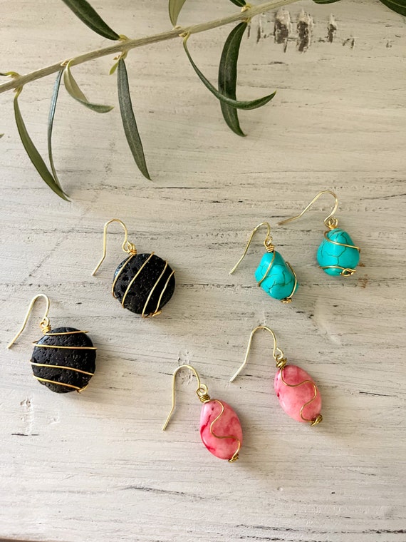 Wire wrapped stone earrings discount
