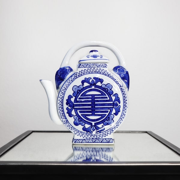 porcelain blue & white round flat longevity teapot | interior design decor chinoiserie