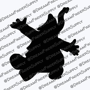 May include: Black silhouette of a cartoon character with large ears and a long tail, reminiscent of a popular animated character. The character is depicted in a playful pose with arms raised and legs spread.