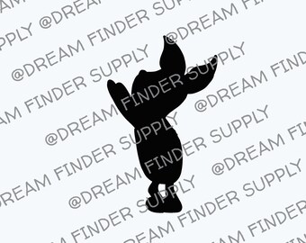 May include: Black silhouette of a cartoon character with arms raised in the air. The character is standing on two legs and has a rounded head with two ears.