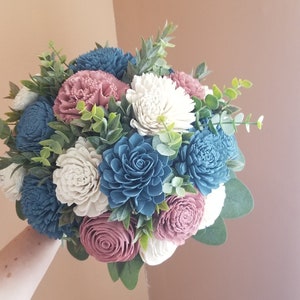 Dusty Rose and Dusty Blue Bridal Wedding Bouquet with Greenery, Perfect for Classic Round bouquet for Bride or Bridesmaid