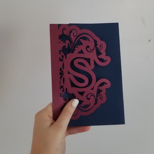 Burgundy and Navy Intricate Cut Invites with Pockets for a Wedding Invites Package 5x7 Vertical Folded Invitation