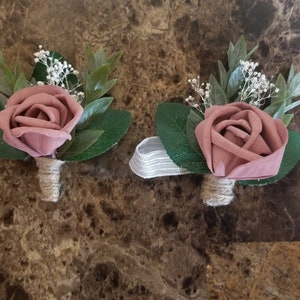 Dusty Rose Corsage and Boutonniere with Greenery,  Men&#39;s Wedding Boutonniere or Prom Corsage and Buttonhole