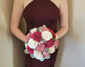 Dusty Rose and Amaranth Burgundy Bridal Wedding Bouquet, Round Bouquet for Bride and Bridesmaid with Corsage and Boutonniere set