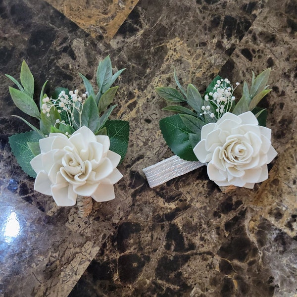 Dahlia Corsage and Boutonniere with Greenery,  Groomsmen Accessories, Men's Wedding Boutonniere or Prom Corsage and Boutonniere