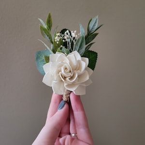 White Dahlia Corsage and Boutonniere with Greenery,  Groomsmen Accessories, Men's Wedding Boutonniere or Prom Corsage and Boutonniere