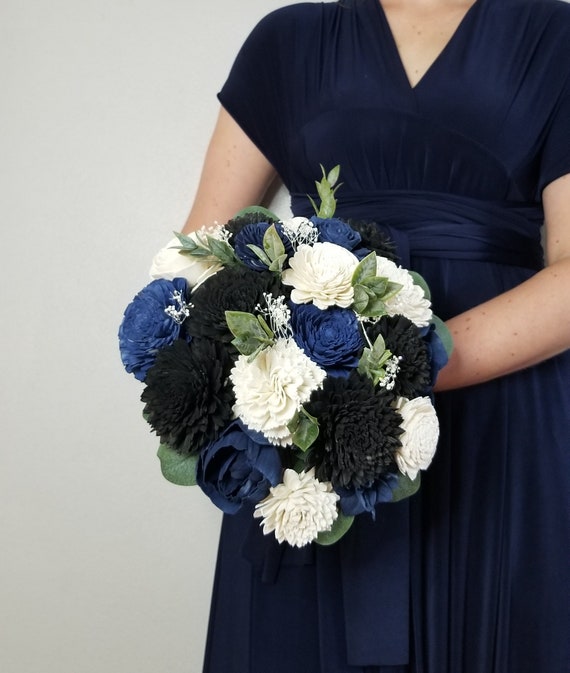 bouquet for navy blue dress White Rose and Astilbe Bridesmaid Bouquet with Navy Sequins Dress