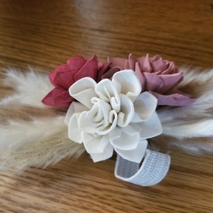Pampas Dusty Rose and  Burgundy Dahlia Wood Flower Corsage with pampas, Boho Wedding, Wedding Boutonniere