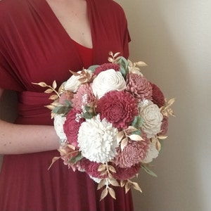 Dusty Rose and Amaranth Burgundy with Gold Bridal Wedding Bouquet, Boutonniere and Corsage, Bridesmaid and Bridal Bouquet